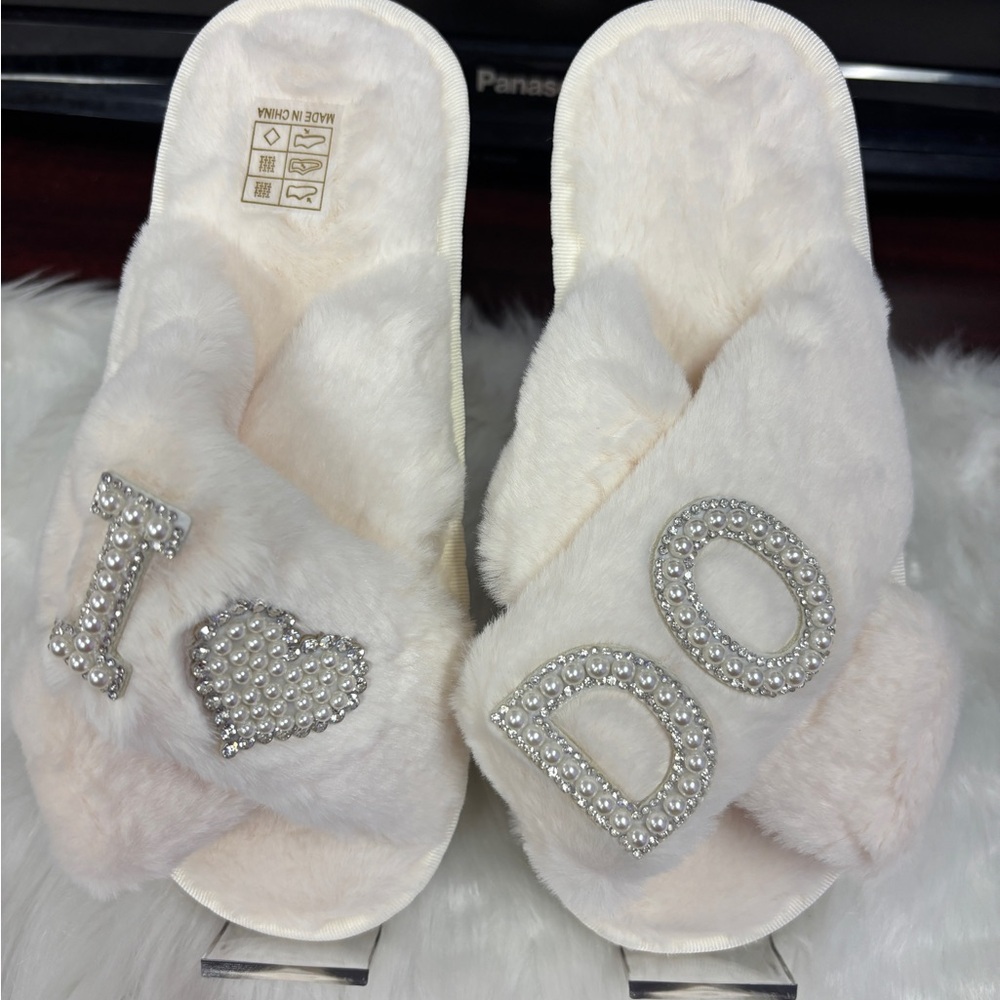 Women's Cream I DO Furry Slippers with Rhinestone Accents